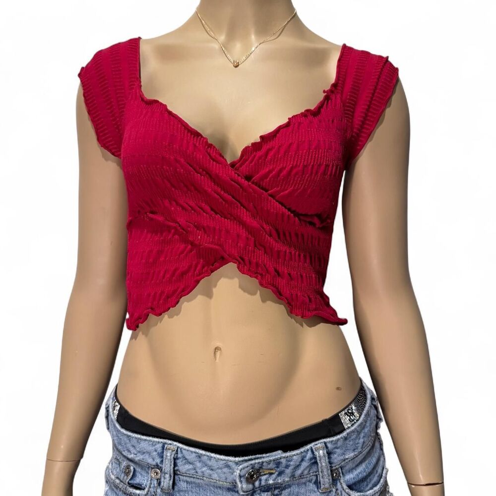 Dynamic Apparel Red Smocked Crop Top One Size Wrap Front Lettuce Trim Coquette